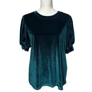Amaryllis Puff Sleeve Velvet Top L Emerald Green Excellent Short Sleeve Pleated